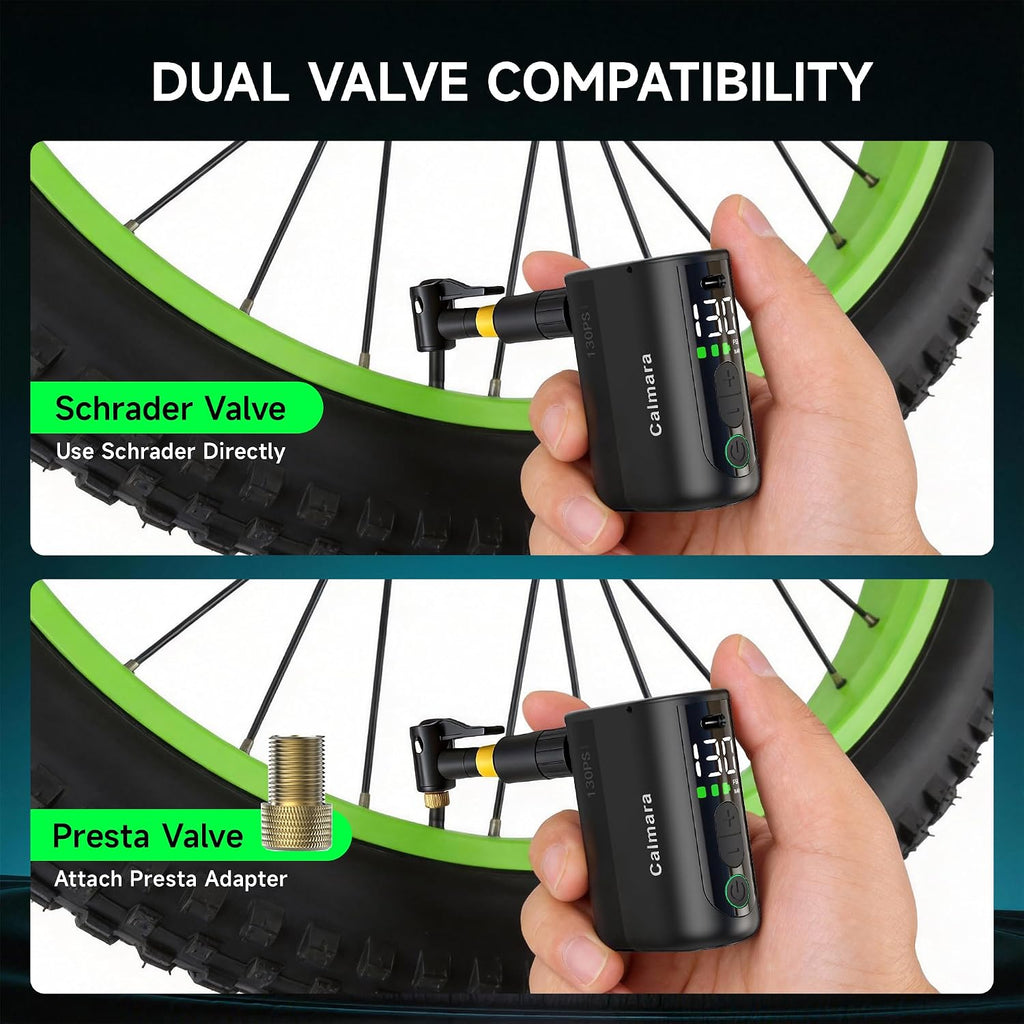 MY20 Electric Bike Pump with Gauge, 130 PSI Fast Inflate, Mini Bicycle Pump with Presta & Schrader Valve, Auto Stop