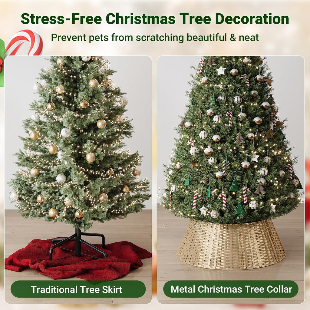 Gold Christmas Tree Collar, 28 Inch Woven Xmas Tree Skirt for 7.5 ft Trees, Stylish Rustic Basket for Tree Base Cover