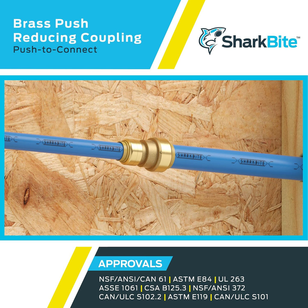 SharkBite 3/8 inch (1/2 inch OD) x 1/2 inch Reducing Coupling, Push to Connect Brass Plumbing Fitting, PEX Pipe, Copper, CPVC, PE-RT, HDPE, U009LFA