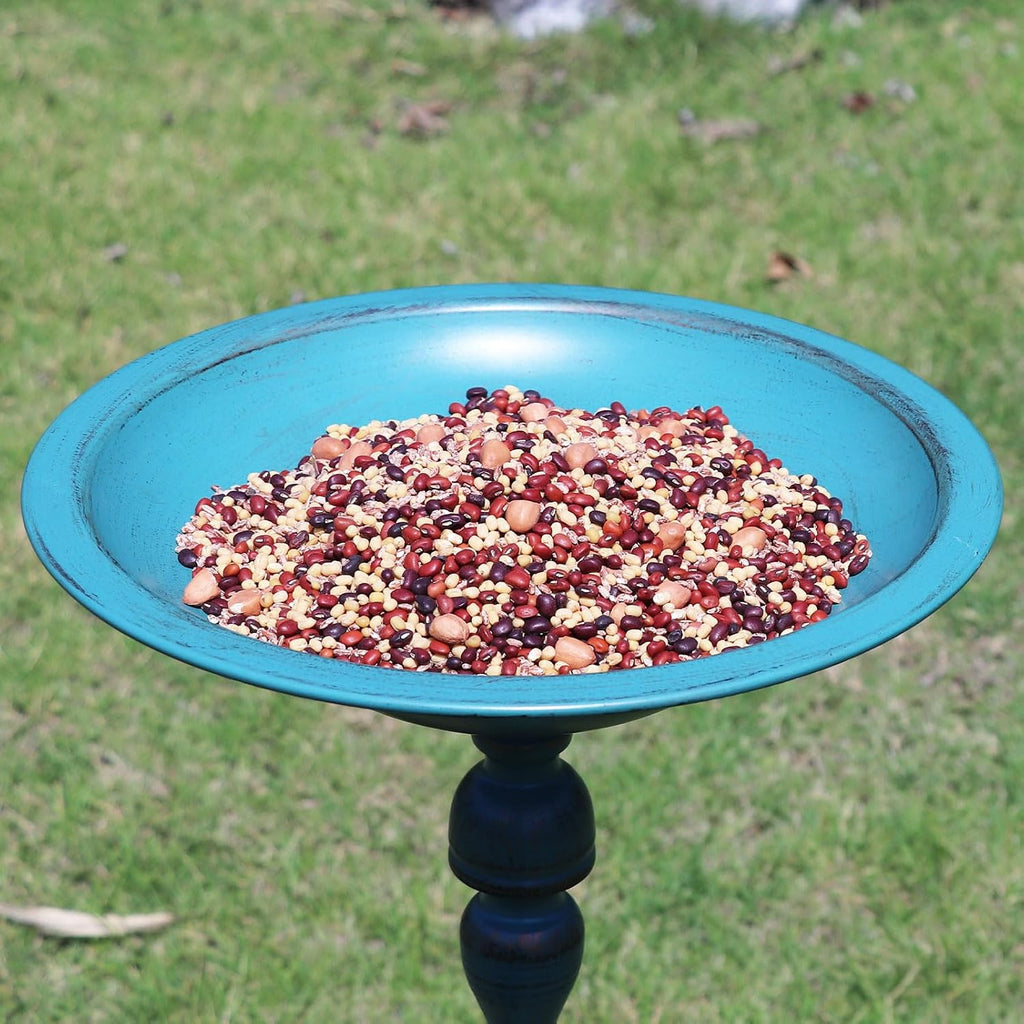 26.6"H Cast Iron Pedestal Bird Bath,Metal Birdbath for Outdoors (Blue)