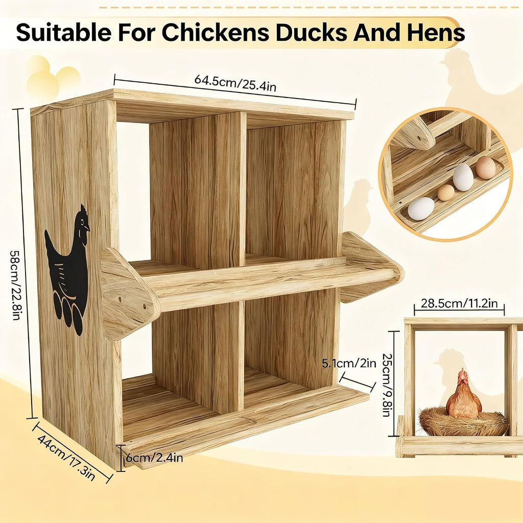 Chicken Nesting Box, 4 Compartment Wooden Nesting Boxes for Chickens with Perches, Floor/Stand/Wall Mount Large