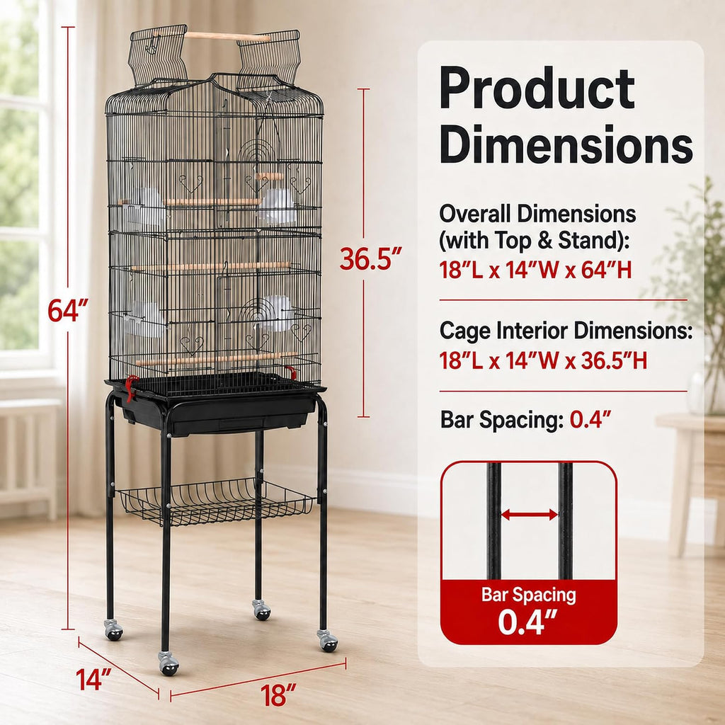 64'' Open Top Bird Cage for Parakeets & Cockatiels, Black | Detachable Rolling Stand with Shelf, Easy Clean Slide Out
