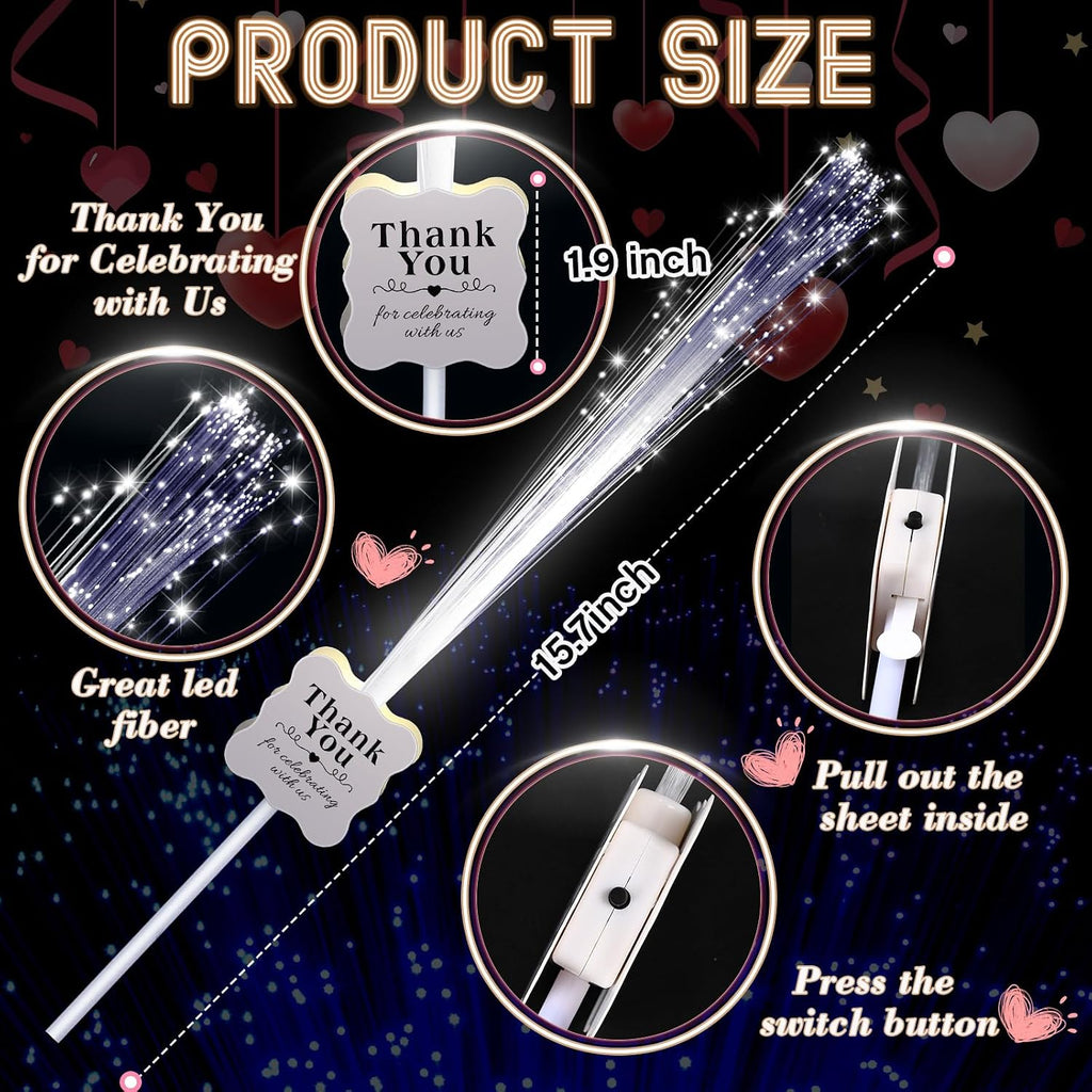 100 Pcs White Wedding Light up Sticks LED Sparklers Thank You Fiber Optic Glow Wands with 3 Mode for Send off