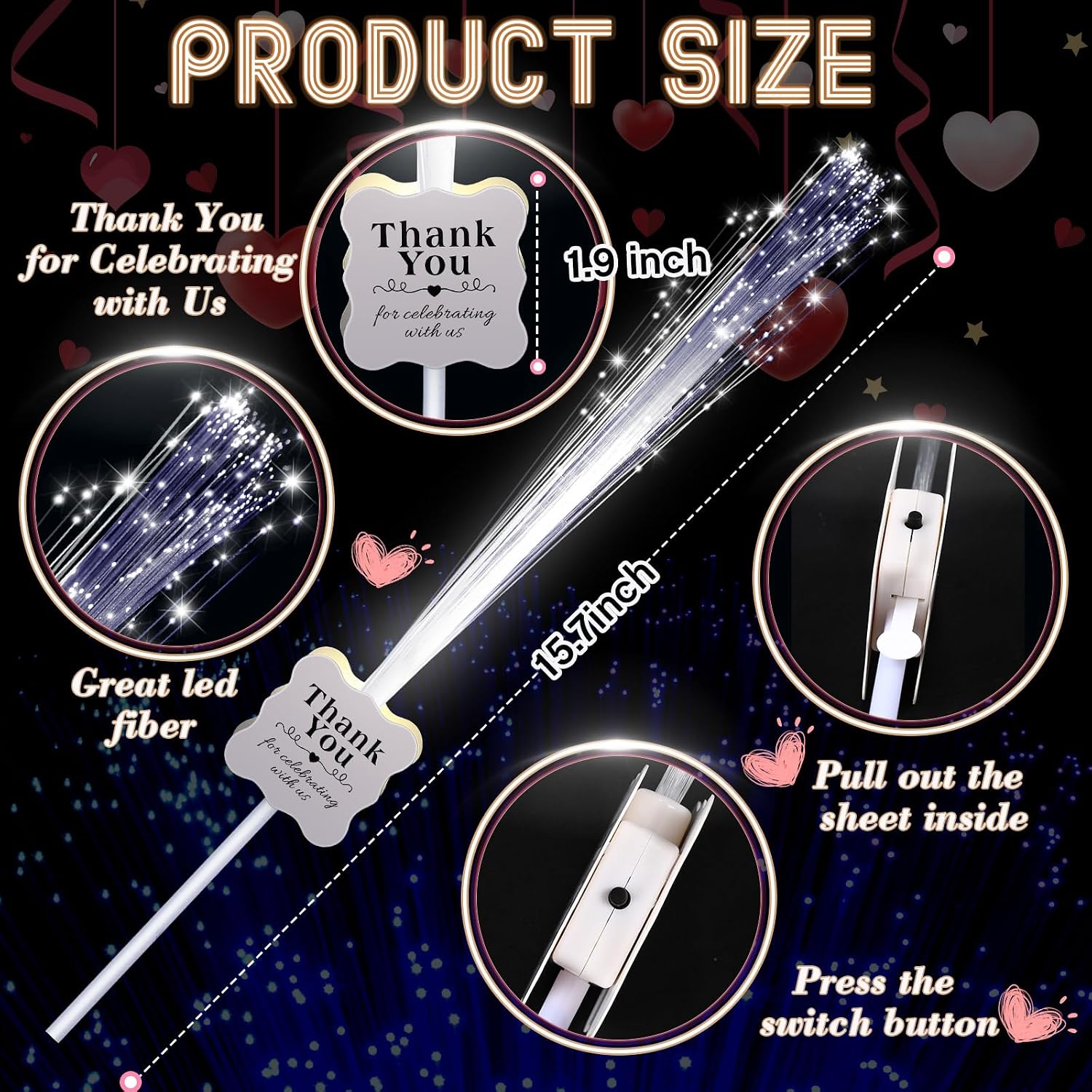 100 Pcs White Wedding Light up Sticks LED Sparklers Thank You Fiber Optic Glow Wands with 3 Mode for Send off