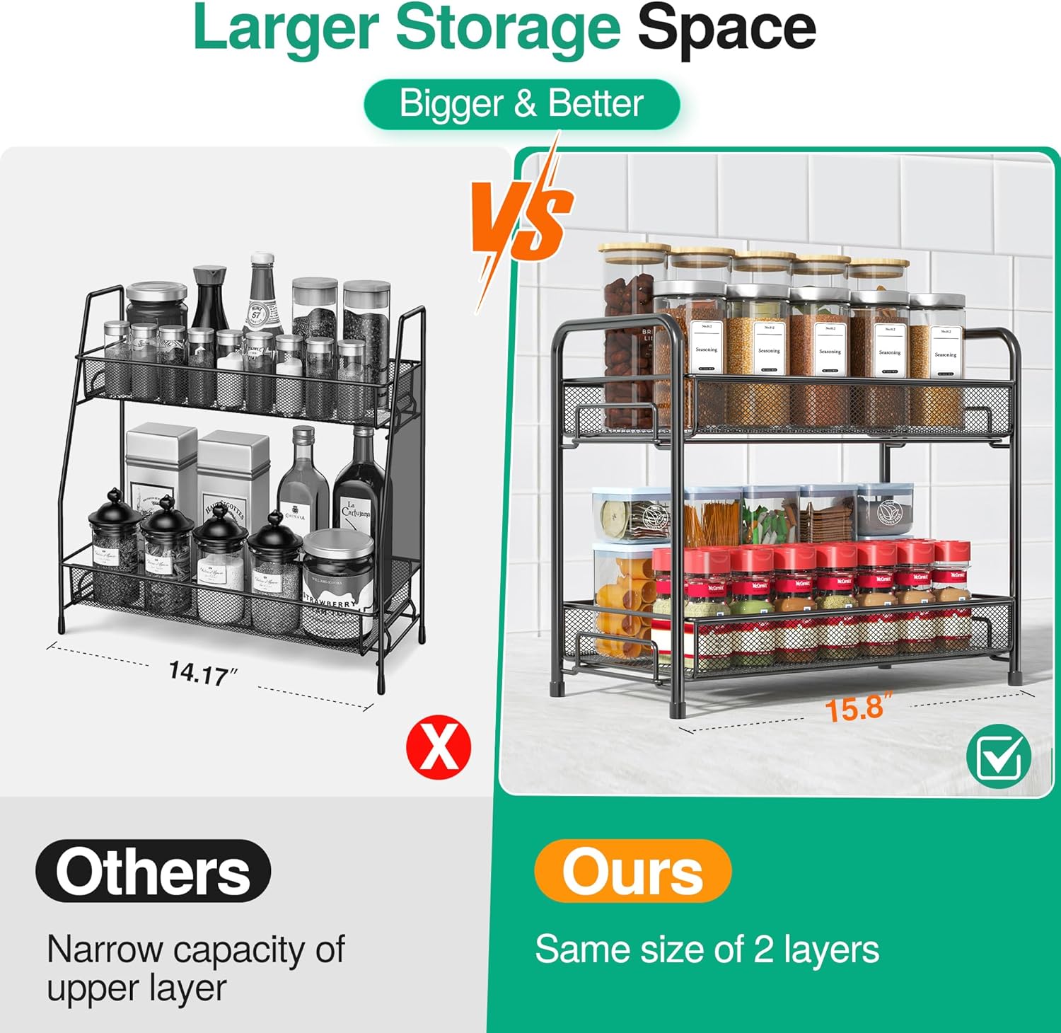 Spice Rack Organizer for Countertop 2 Pack, 2-Tier Counter Foldable Metal Standing Large Seasoning Storage Shelf for