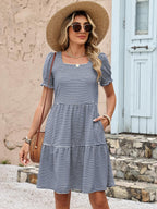 Womens Summer Puff Short Sleeve Square Neck Work Mini Dresses