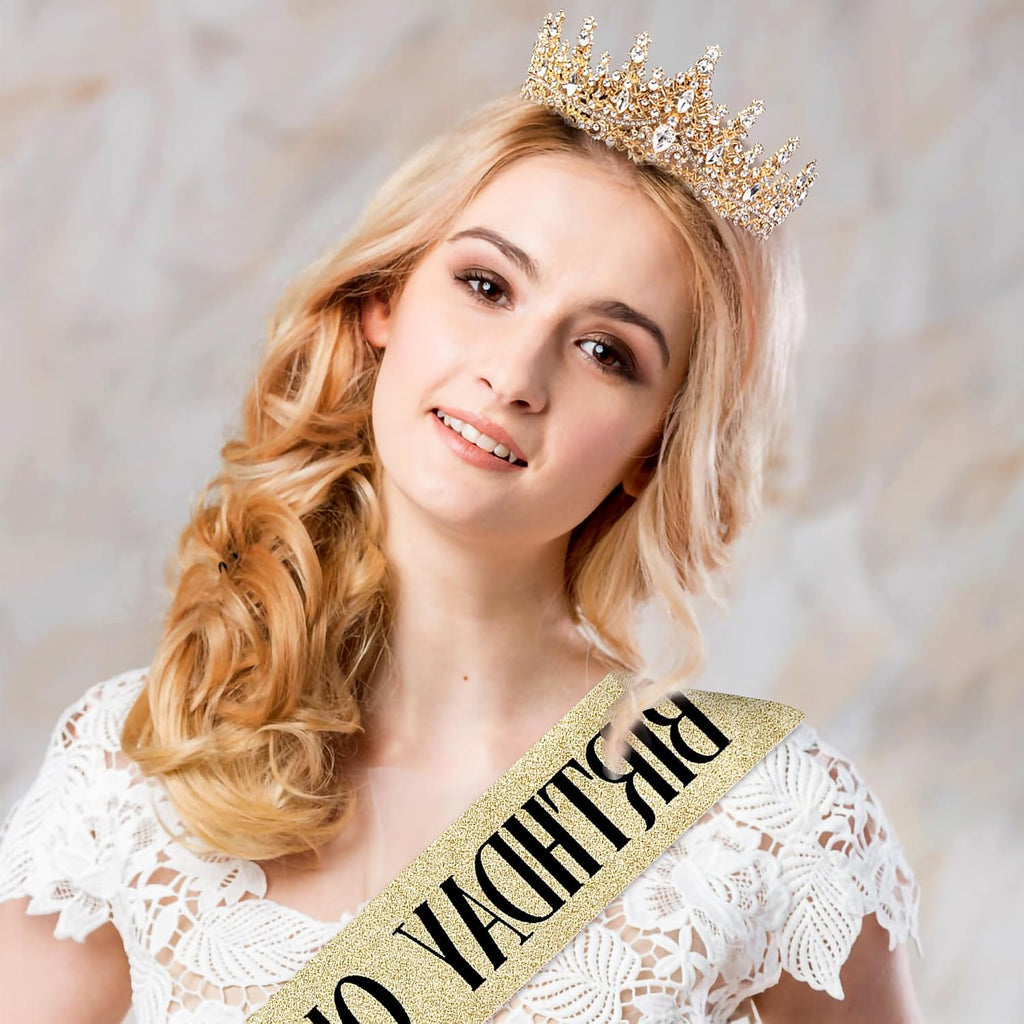 Birthday Crown for Women, Gold Plated Crystal Tiara with Sash | Sparkling Princess Queen Tiara, Adult Fit, Birthday