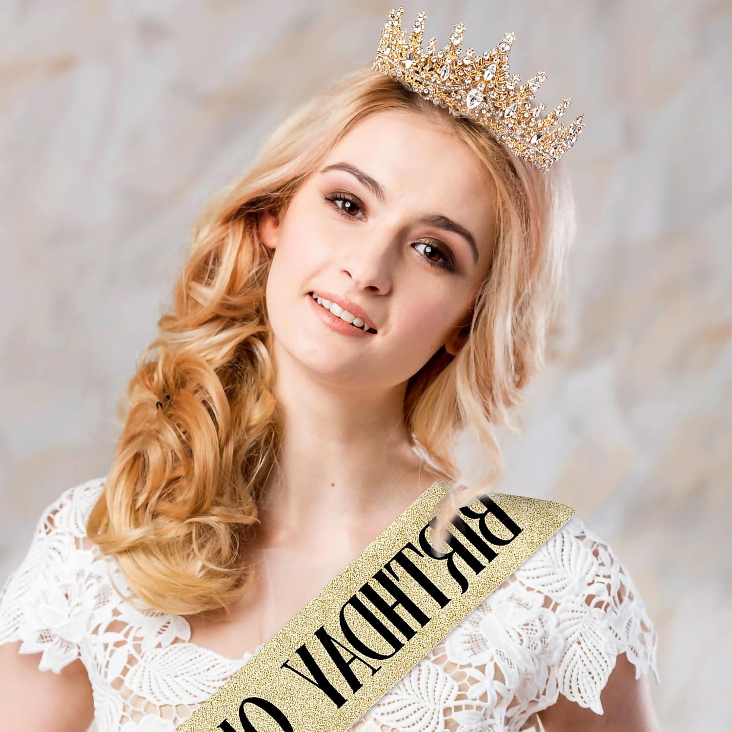 Birthday Crown for Women, Gold Plated Crystal Tiara with Sash | Sparkling Princess Queen Tiara, Adult Fit, Birthday