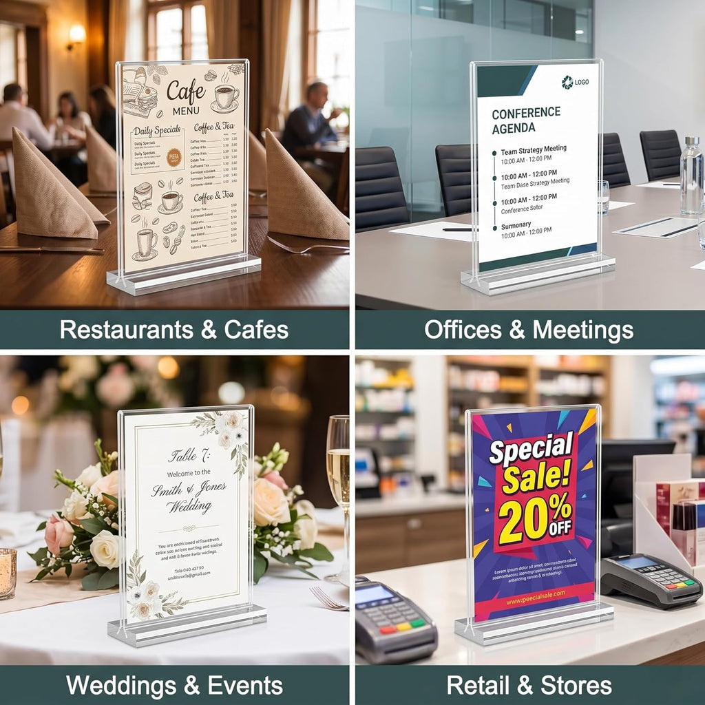 10 Pack Acrylic Sign Holder 8.5 x 11, Double Sided Clear Tabletop Display Stand with T-Shaped Base, Plastic Table