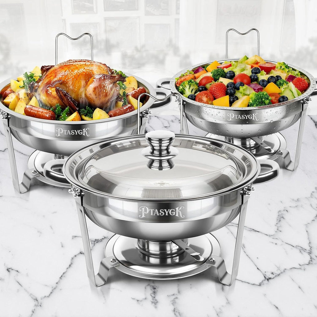 Round Chafing Dishes Buffet 3 Pack 5QT Silver Stainless Steel Lid