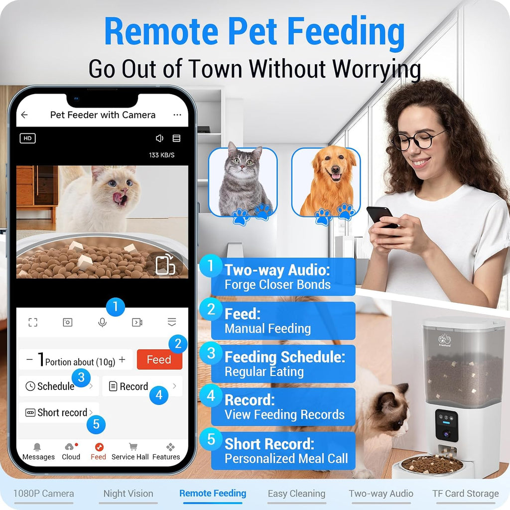 Automatic Cat Feeder with Camera: 5G WiFi Automatic Dog Feeder with Night Vision, 7L Auto Cat Food Dispenser with