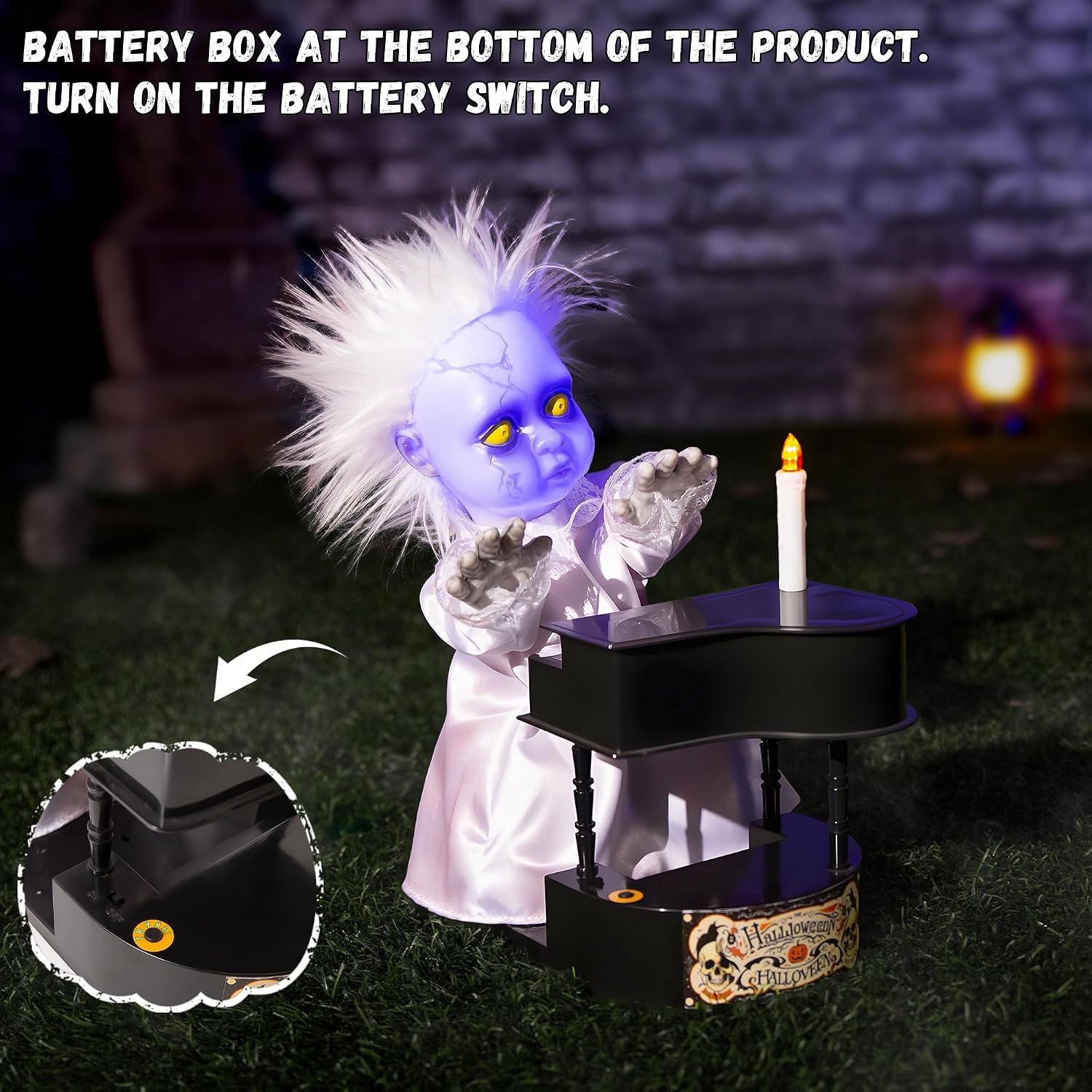 Halloween Animatronics Decorations, 13.7'' Creepy Doll with Piano, Animated Doll with Sound Activated, Scary Voice