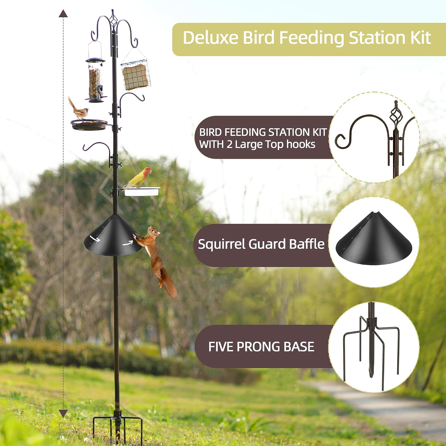 Bird Feeder Pole with Squirrel Baffle - Deluxe Feeder Station Kit Includes Suet Cage, Wild Bird Feeders & Planter