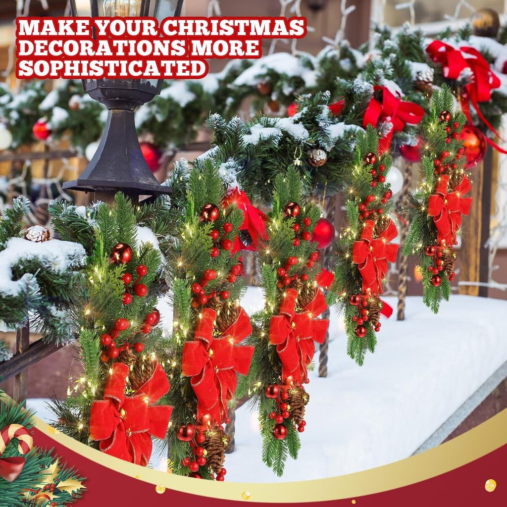 2 Pack Christmas Artificial Swags 24" Xmas The Cordless Prelit Stairway Swag Teardrop Trim Wreath Door Stair Garland