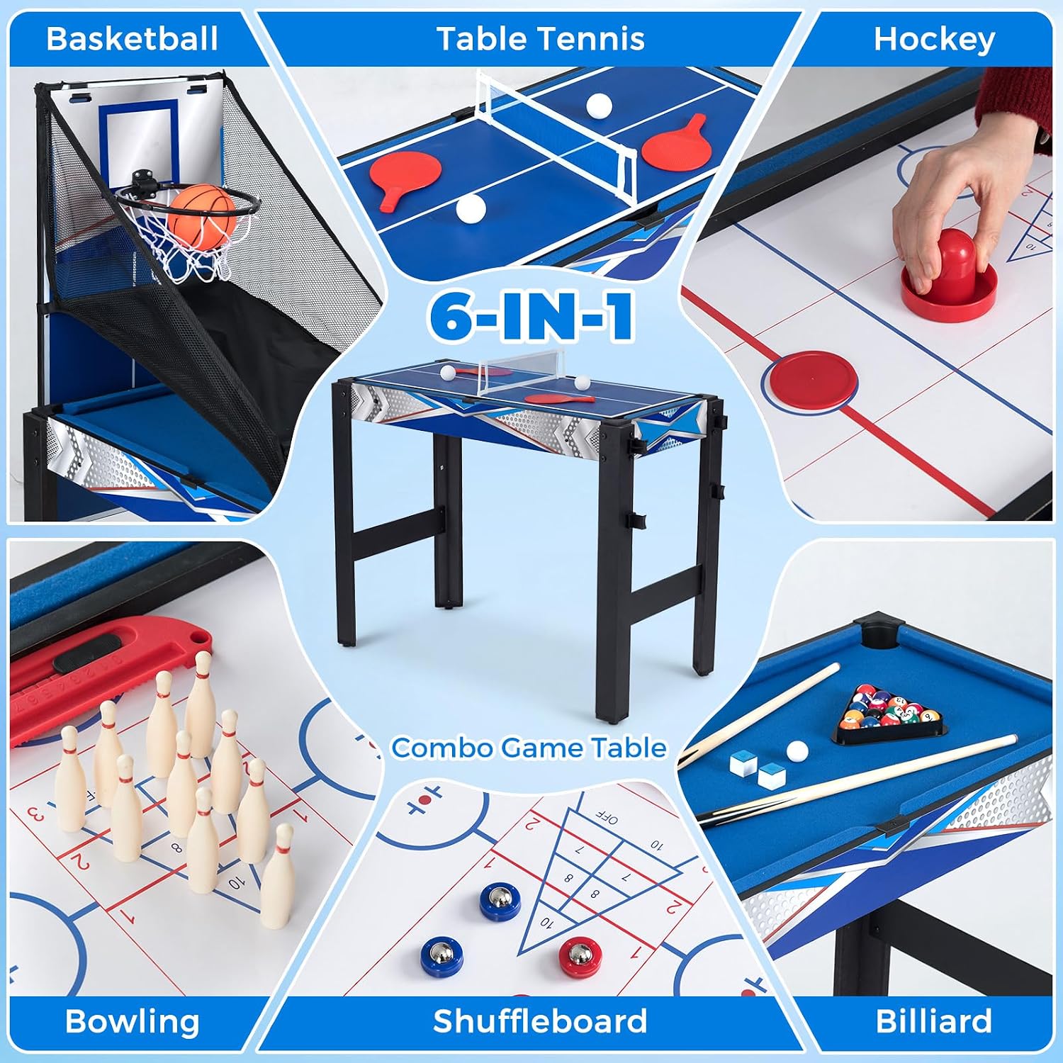 6-in-1 Multi Game Table, Combo Game Table w/Basketball, Billiards, Ping Pong, Hockey, Shuffleboard, Bowling, Adults