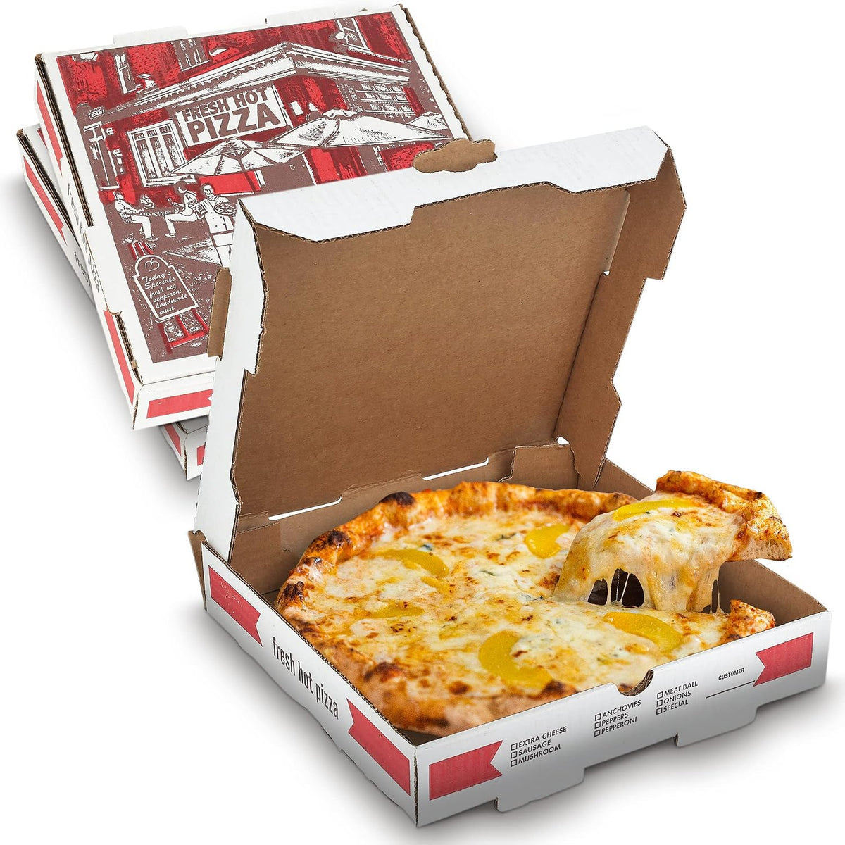 10" Length x 10" Width x 1.75" Depth Corrugated White-Red B-Flute Cardboard Pizza Box Keeps Pizza Fresh (10 Pieces)