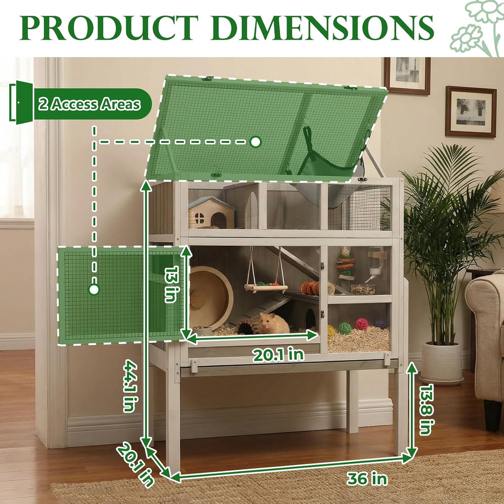 3-Story Guinea Pig Cage with Stand, Wooden Indoor Habitat | Chew-Resistant Edges, Pull-Out Cleaning Tray, Open Roof