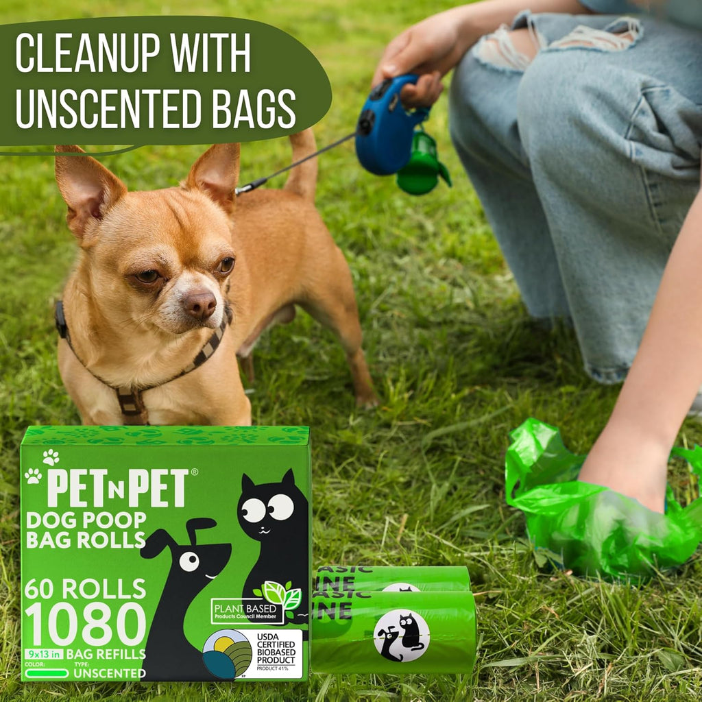 1080 Counts Green Poop Bags for Dogs, 41% Plant Based & 59% PE Extra Thick Dog Poop Bags Rolls, 9" x 13", Unscented