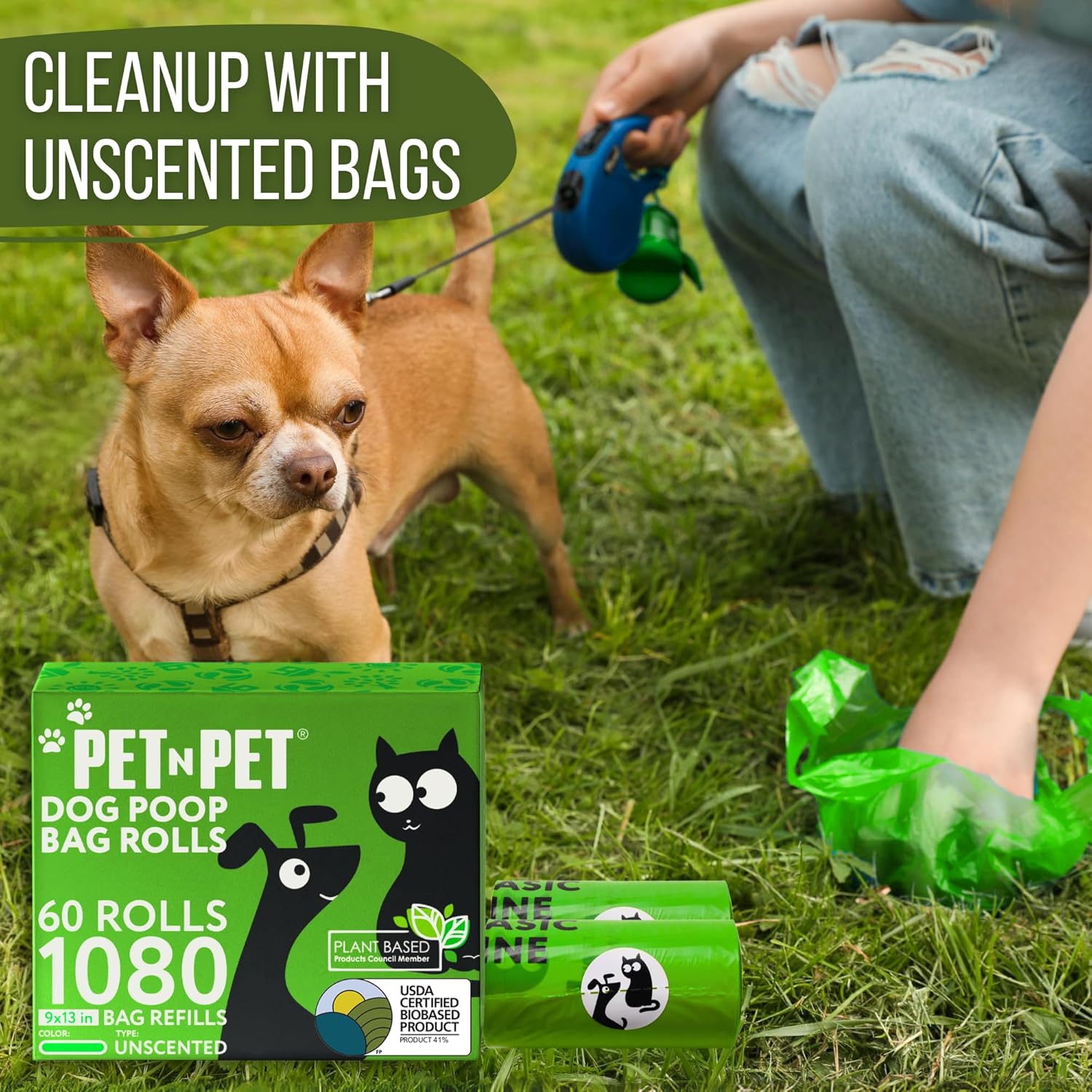 1080 Counts Green Poop Bags for Dogs, 41% Plant Based & 59% PE Extra Thick Dog Poop Bags Rolls, 9" x 13", Unscented