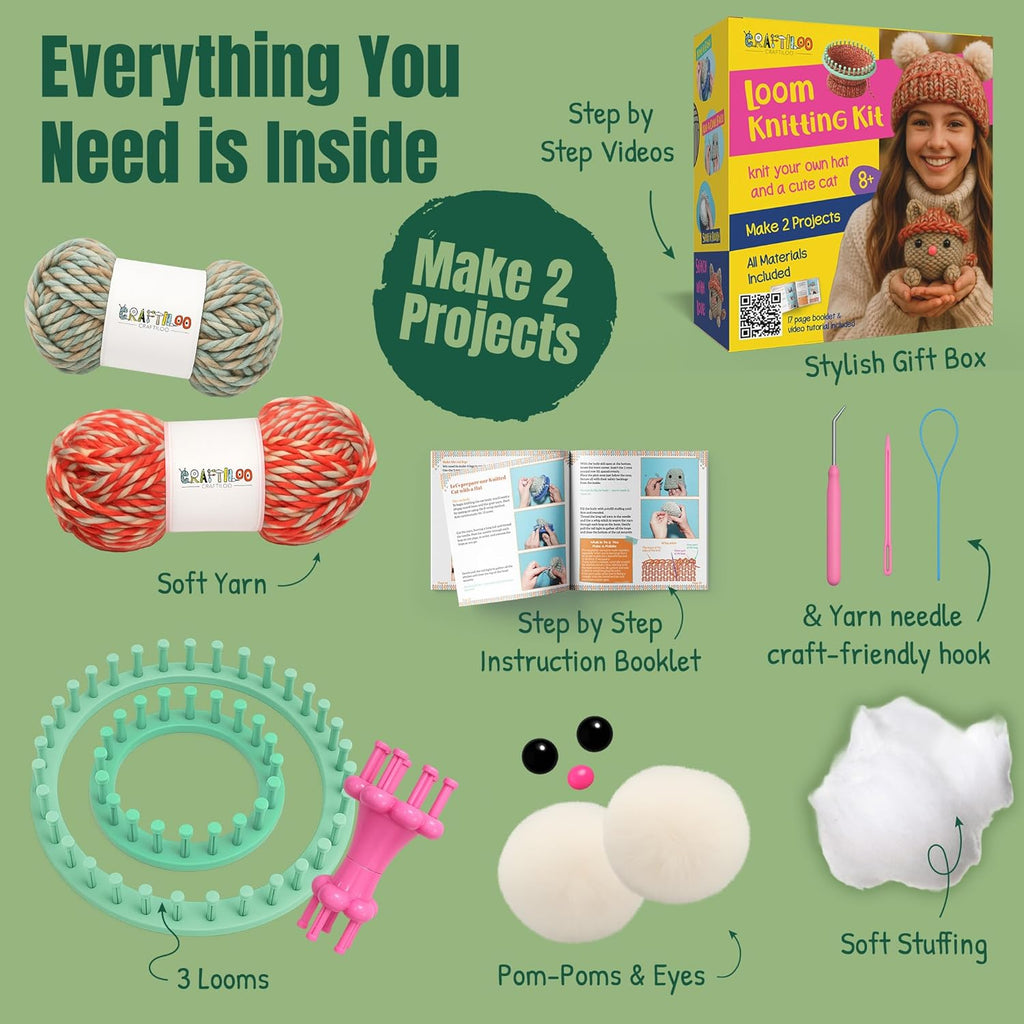 Knitting Kit for Kids – Beginner Knitting Kit to Make a Hat & Cat – Quick Knit Loom Kit with Yarn, Tools & Instructions