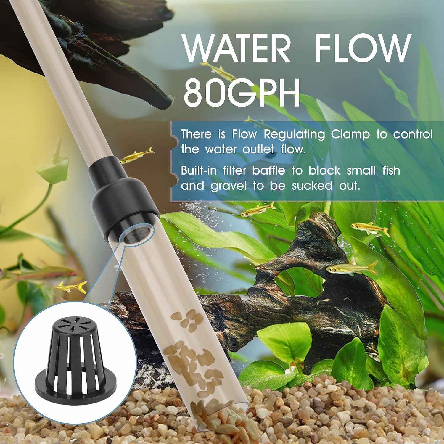 Small Gravel Vacuum for Aquarium, Manual 80GPH Aquarium Gravel Cleaner Low Water Level Water Changer Fish Tank