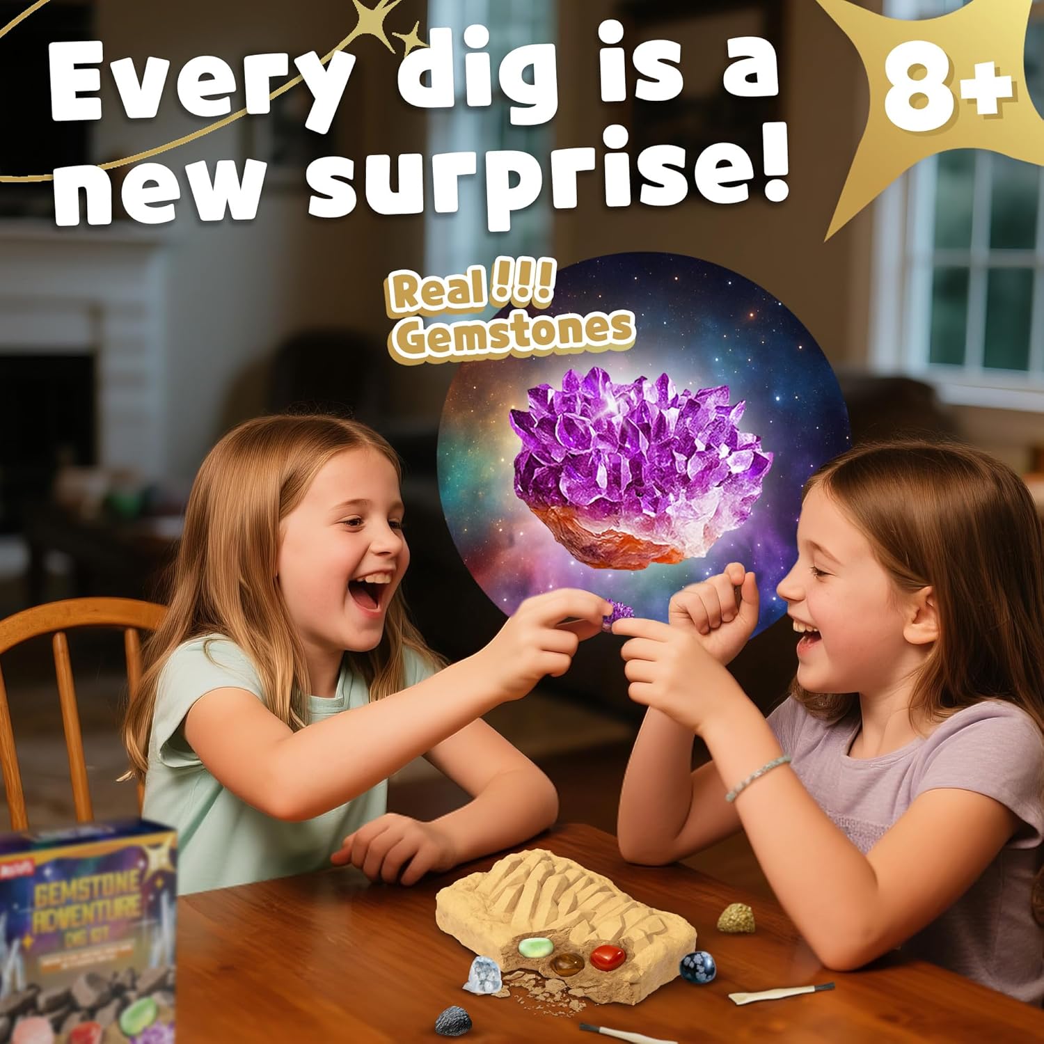 Gemstone Dig Kit for Kids with 2 Tools, 10 Real Gems Tektite | Lapis Lazuli and Tektite|STEM Science Mining