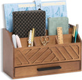 Brown Wood Desk Organizer and Accessories with Drawer, Bill Mail Organizer and File Mail Holder for Office Supplies