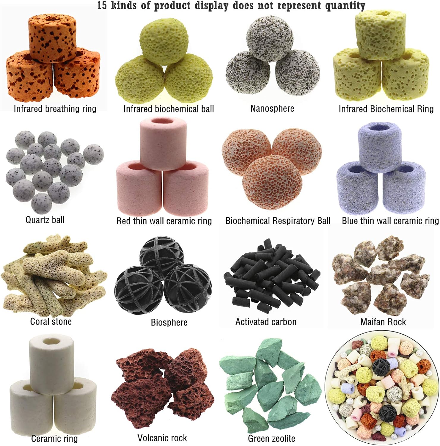 Aquarium Filter Media 15-in-1 Mineral Balls & Ceramic Rings - 500g with Zippered Mesh Bag for Fish Tank/Pond Filters