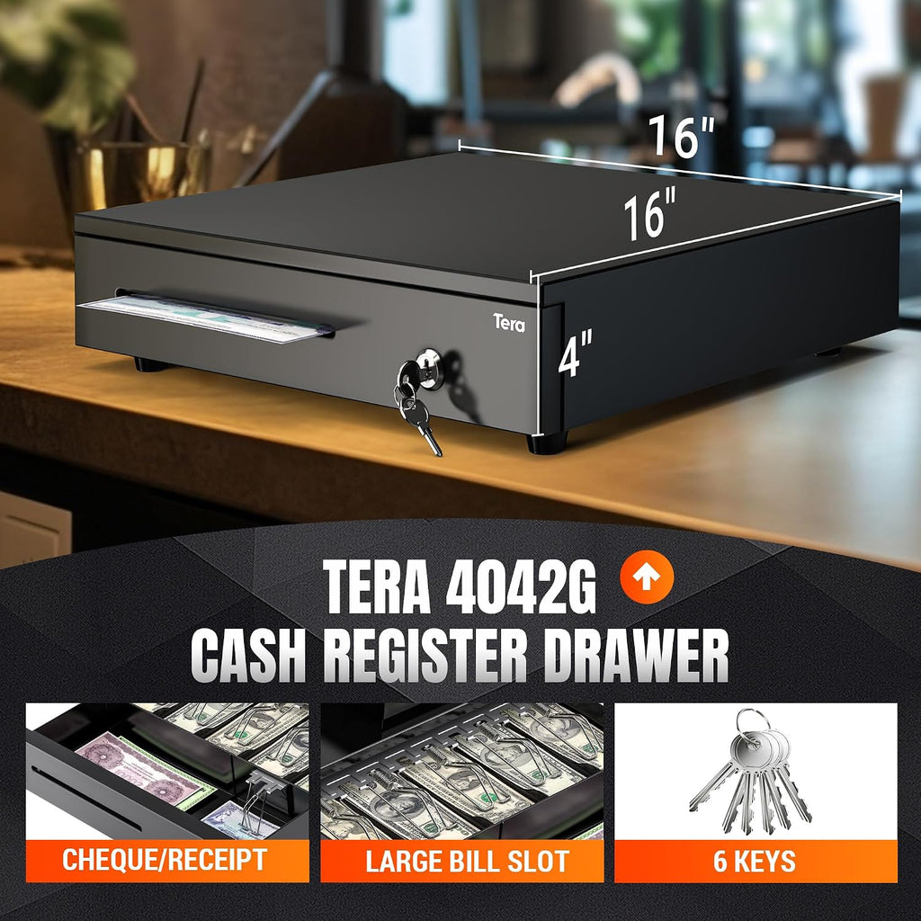 Cash Register Drawer 16 Inch: 6 Bill 4 Coin Media Slot for POS, 4042G | RJ-12, Metal Case, Auto & Manual Open