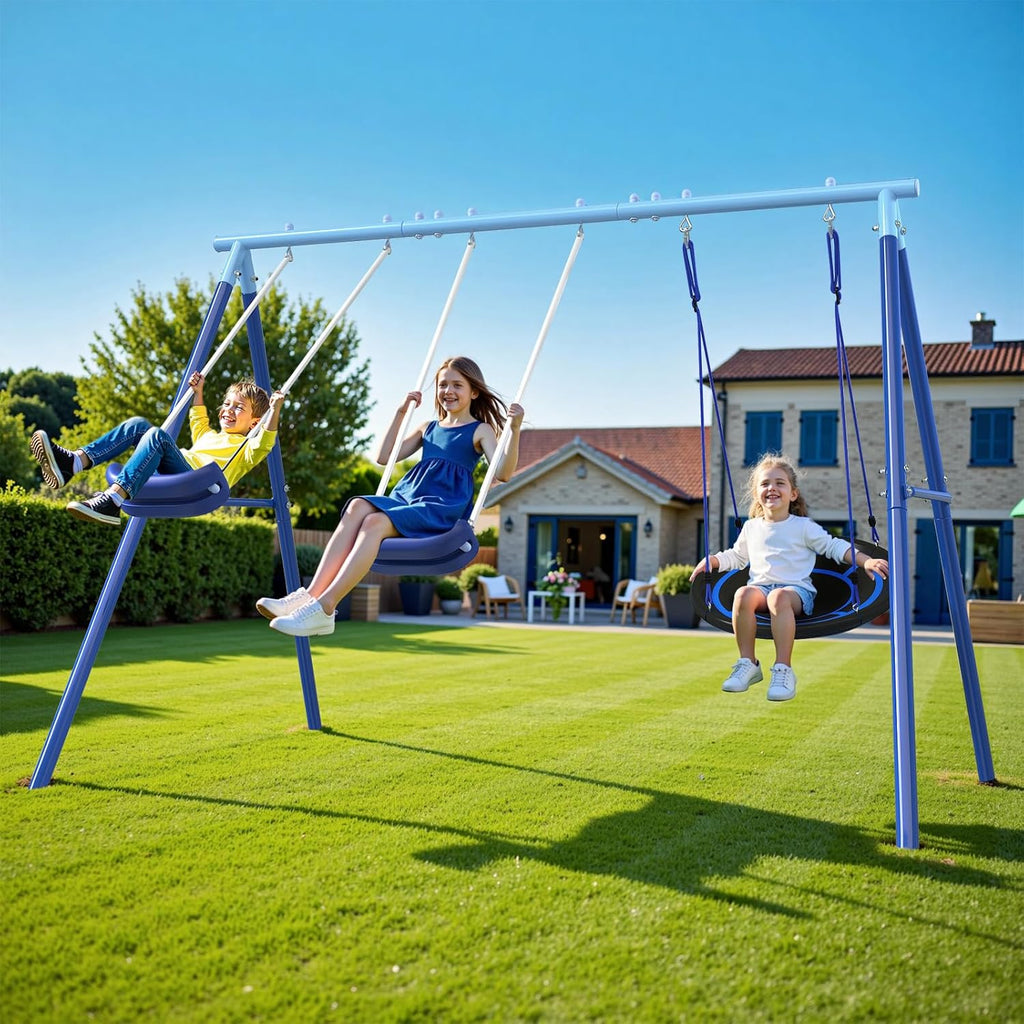 3-in-1 Swing Set for Backyard for Kids 3-8, 550lbs, Heavy Duty Metal A-Frame for Outdoor Playset, Two Blow-Molded