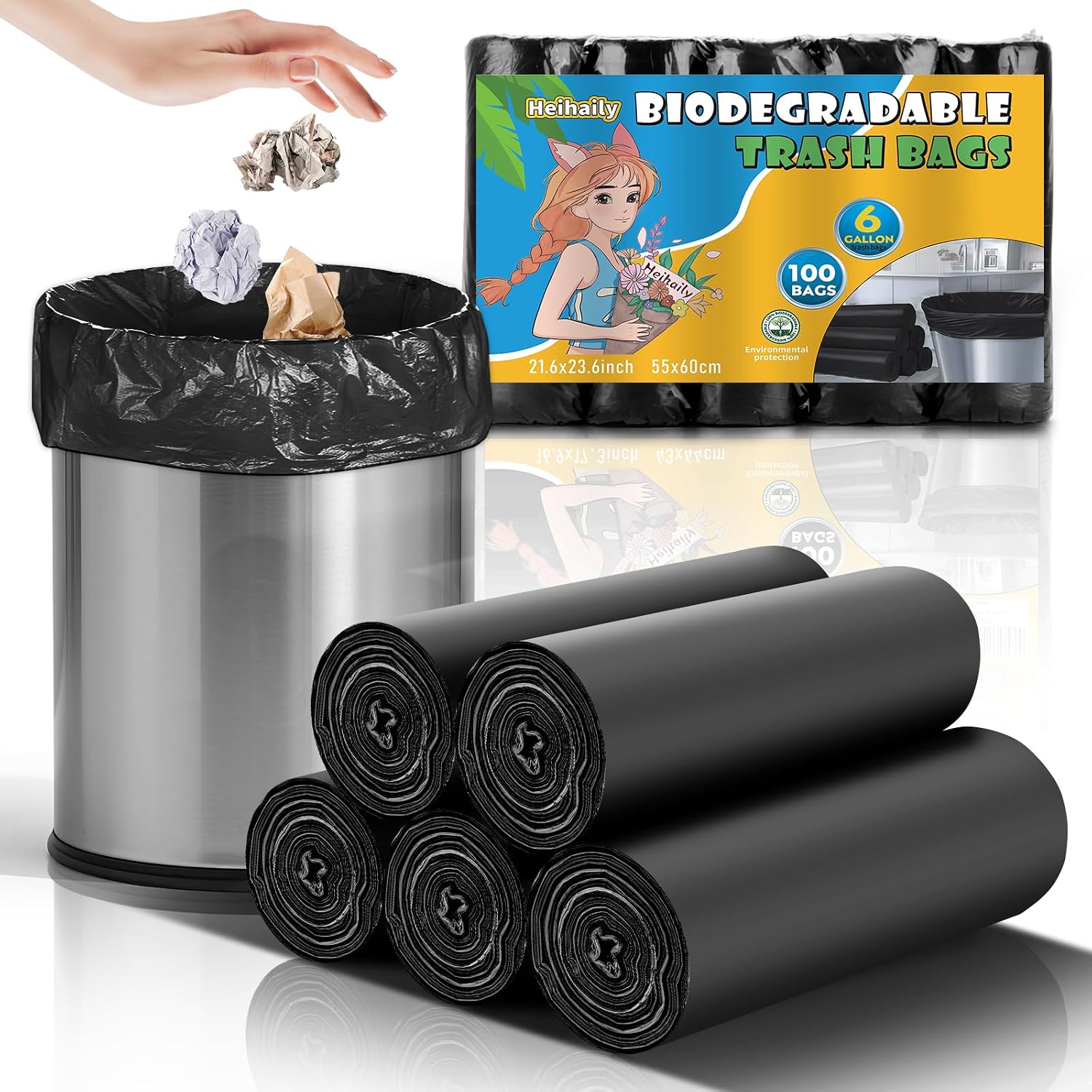 6 Gallon Heavy-Duty Trash Bags - heihaily Biodegradable Black Medium Kitchen Garbage Bag Unscented Rip Resistant Bulk