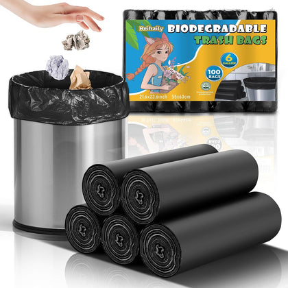 6 Gallon Heavy-Duty Trash Bags - heihaily Biodegradable Black Medium Kitchen Garbage Bag Unscented Rip Resistant Bulk