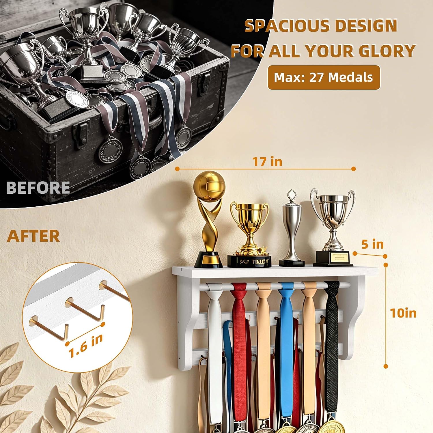 Medal Hanger Display, Large Capacity Trophy and Medal Display Shelf | Natural Solid Wood, Anti-Slip Groove, Widening