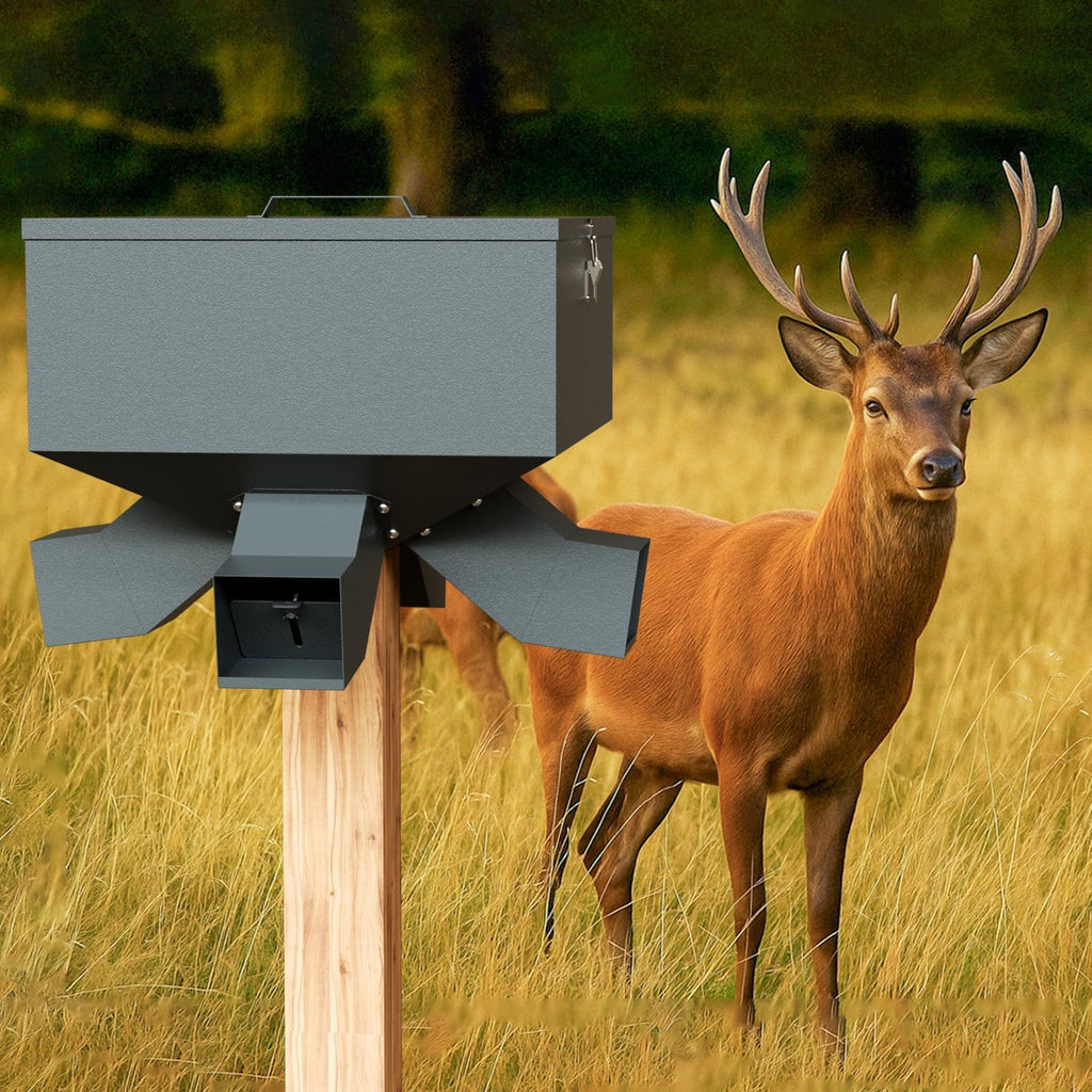 Portable 80LB Gravity Deer Feeder, Heavy Duty Metal Wildlife Feeder with 4 Feeding Ports, Weatherproof for Hunting &