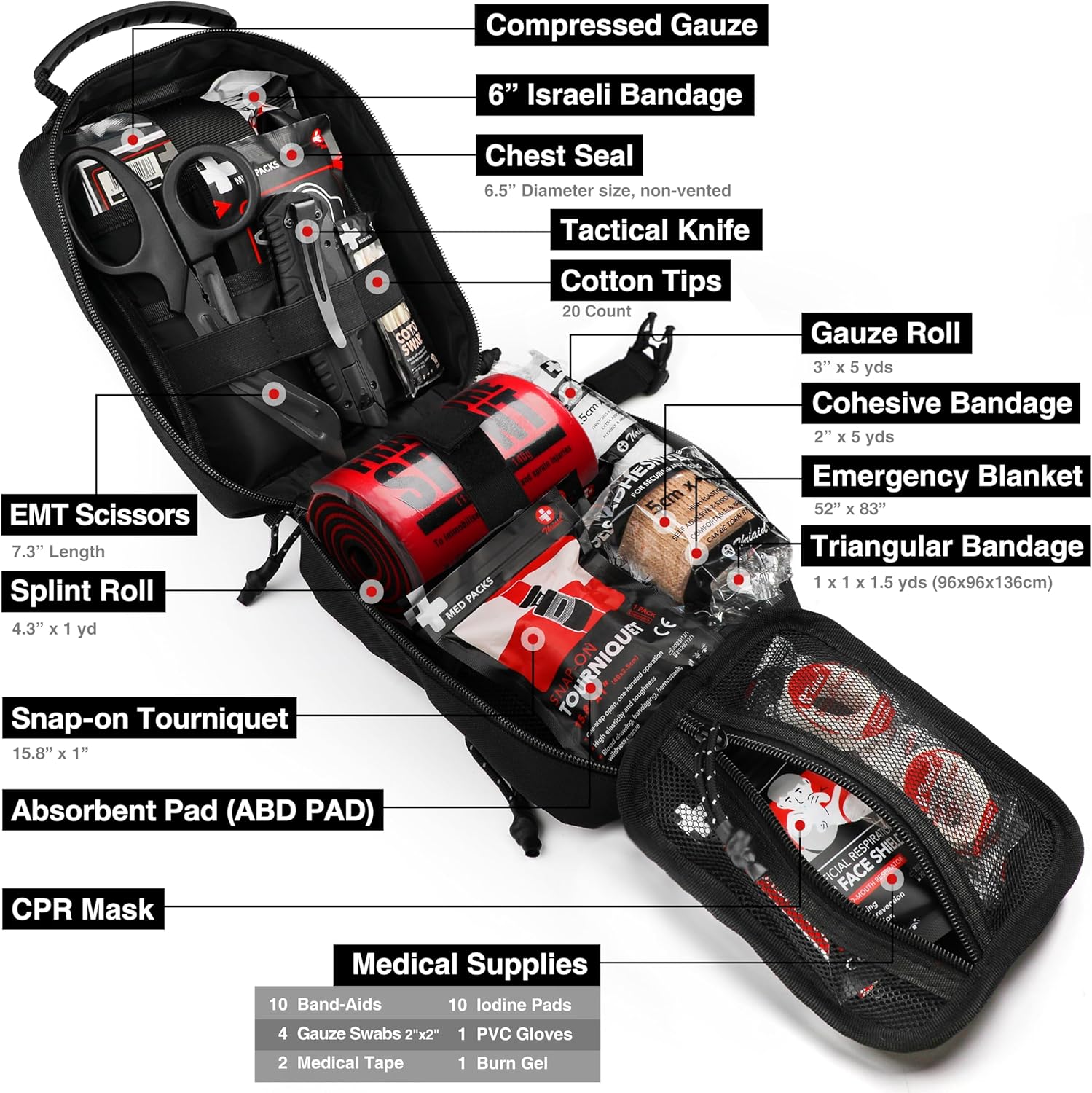 Survival First Aid Kit with Israeli Bandage, Chest Seal, Tourniquet, Splint, Tactical Military Combat Molle IFAK for