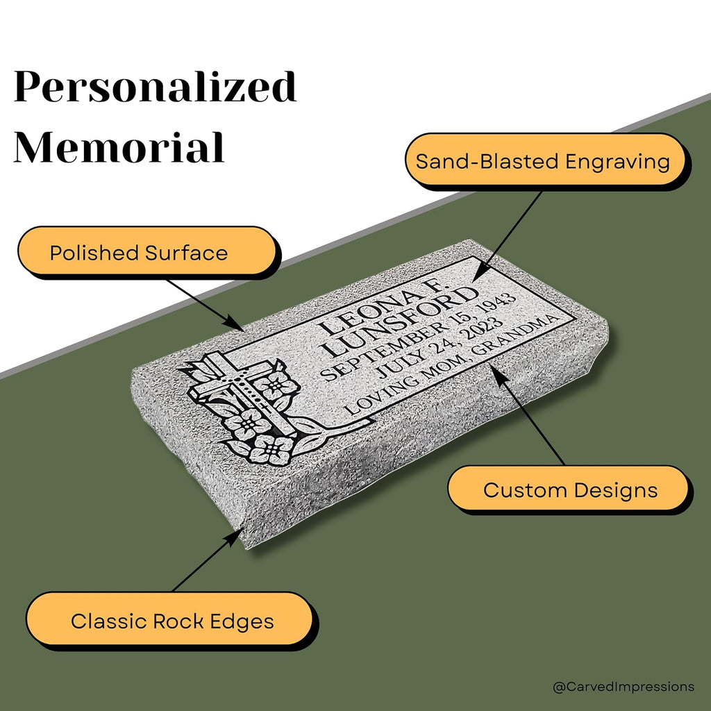 Headstone Marker- 20 x 10 x 3 - Monument Granite - Includes Engraving - Multiple Designs