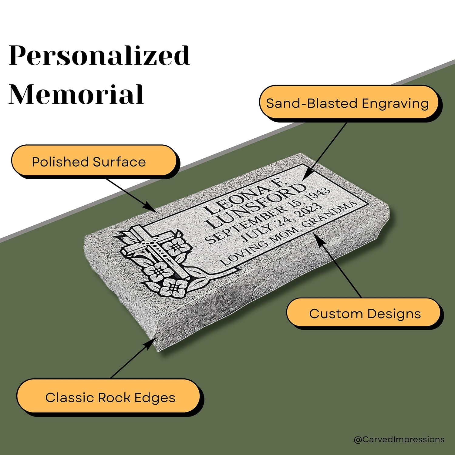 Headstone Marker- 20 x 10 x 3 - Monument Granite - Includes Engraving - Multiple Designs