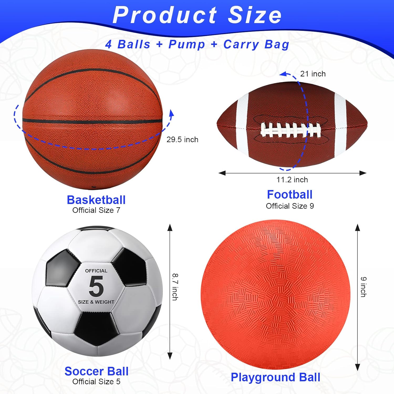 4 Pcs Sports Balls Set for Teen Adult, Include Official Size Basketball Soccer Football Playground Ball Pump