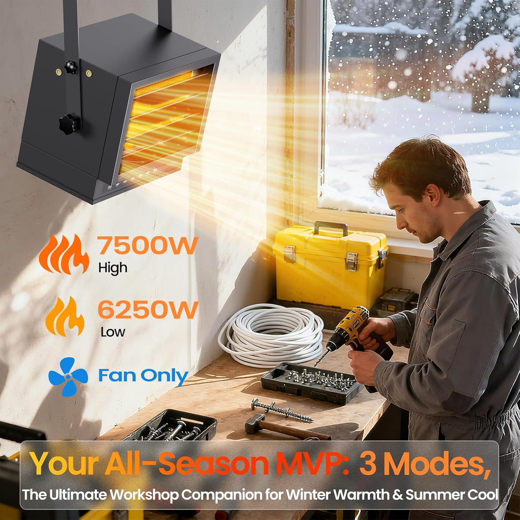 7500W Electric Garage Heater with Remote, 240V Hardwired Shop Heater | ECO Mode, 12H Timer, Ceiling Mount Design