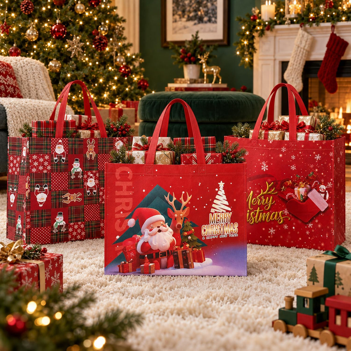 24 Pack Christmas Gift Bags Assorted Sizes Bulk with Handles