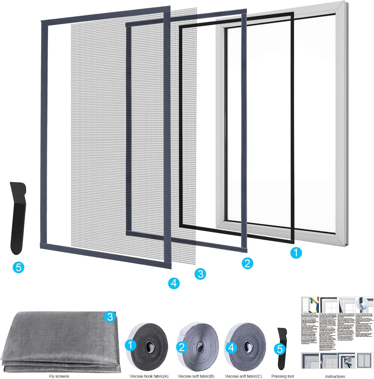 Adjustable Window Screen, Max 39"x 59" Thick Self-Adhesive Mosquito Mesh with Reinforced Edge, DIY Temporary Nylon