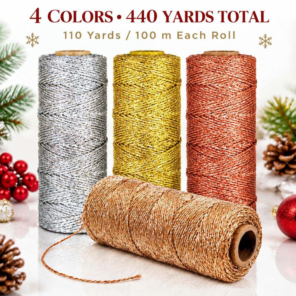 4 Rolls 440yards x 2mm Metallic Bakers Twine String, Metallic