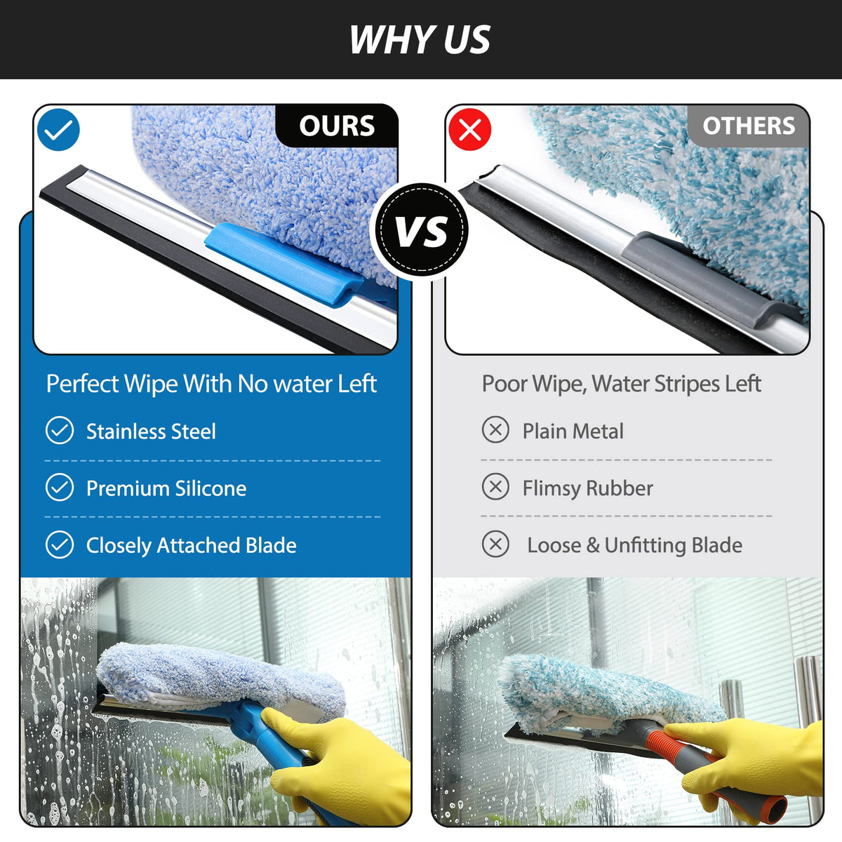 Professional 69'' Window Squeegee Cleaner Tool with Extension Pole, 2-in-1 Squeegee for Window Cleaning Kit with