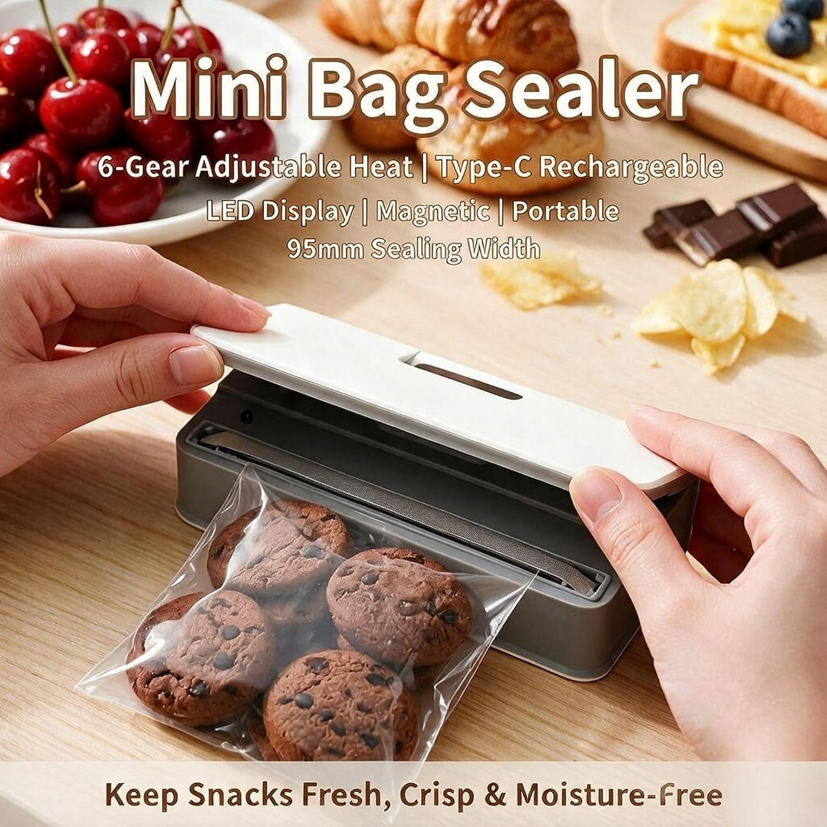 Mini Bag Sealer & Cutter, USB-C Rechargeable, 6-Gear Adjustable Heat, LED Display, Magnetic, for