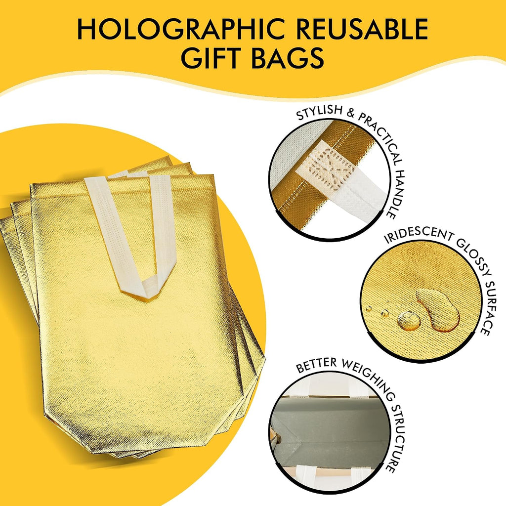 Reusable Gold Gift Bags Medium Size 15 Pack with Handles for Party