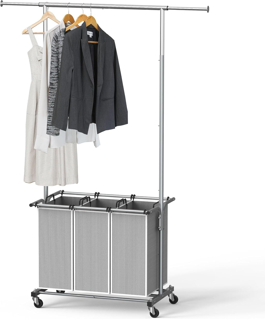 Laundry Sorter Cart with Hanging Rod, Silver | Extendable Width from 30.6 to 48", Removable 3-Section Laundry Basket