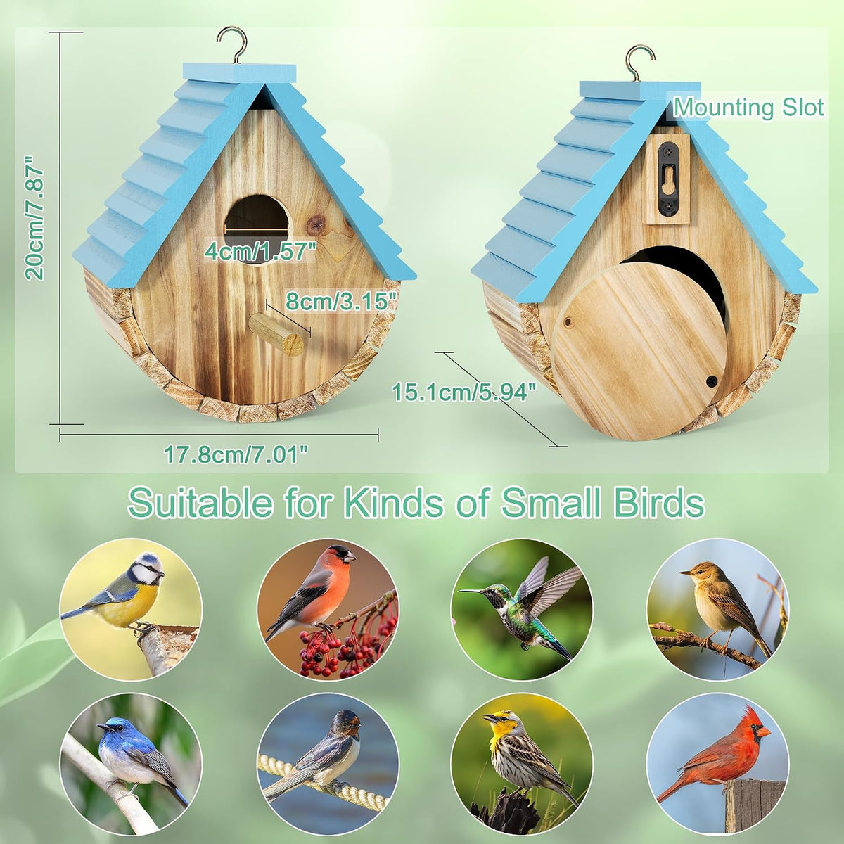 Bird Houses for Outside, Hanging Wooden Birdhouse for Outdoors, Blue