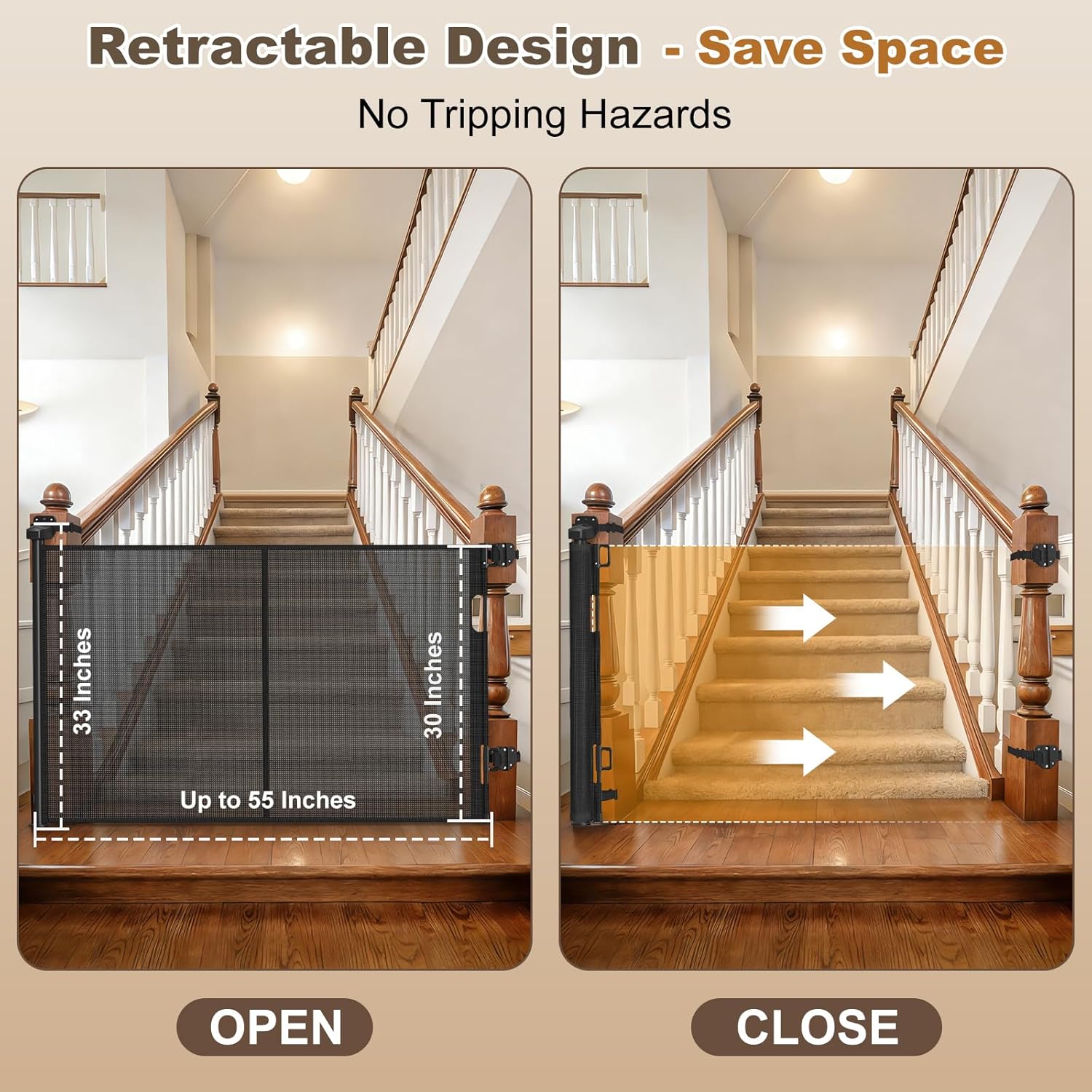 Upgraded Retractable Baby Gates for Stairs & Banister, Mesh Dog Gate Indoor, Extends to 55" Wide 33" Tall, Child