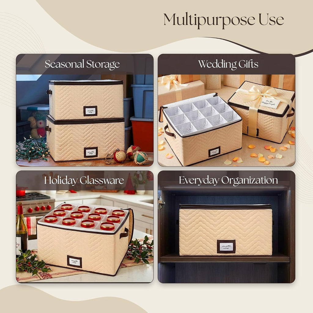 Wine Glass Storage Box with Dividers, Holds 12 Glasses up to 4.25" Wide