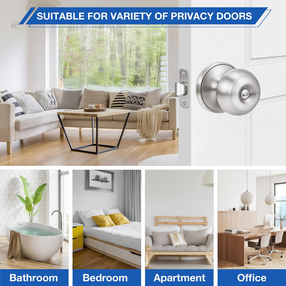 6 Pack Brushed Nickel Door Knobs,Privacy Door Knob with Lock, Interior Doorknobs Silver, Keyless Door Locks Set for